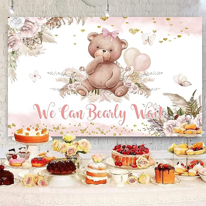15x10ft Bear Baby Shower Backdrop Boho Pink Floral We Can Bearly Wait Photography Background It’s a Girl Baby Shower Party Banner Decorations Supplies Photo Booth Props