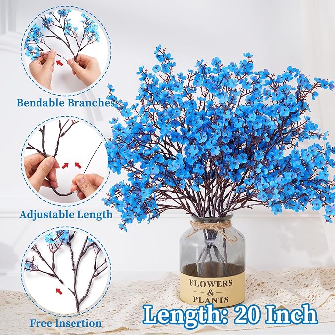 Yastouay Blue Fake Flowers, 15 Pcs Real Touch Silk Flowers Faux Artificial Flowers for Decorations, Babys Breath Artificial Flowers Bulk for Spring Decor Floral Arrangement