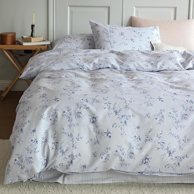 Blue Floral Duvet Cover Full Cute Kids Girls Bedding Set Cozy Cotton Flower Botanical Print Comforter Cover for Teens Children Boys Boho Garden Style Floral Bedding Sets Full with 2 Pillowcases