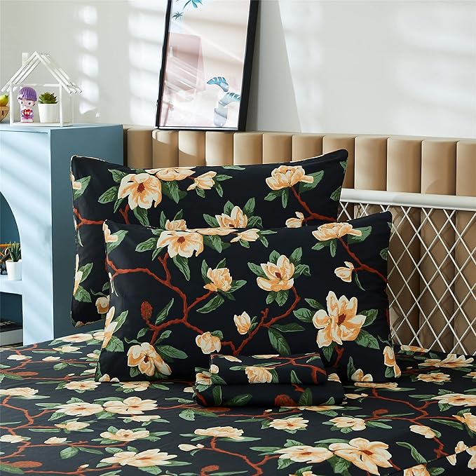 FADFAY Sheets Set Twin Shabby Black and Yellow Floral Bedding Elegant Peony Sheets Set Vintage Farmhouse Bedding Soft 100% Egyptian Cotton 800 Thread Count Deep Pocket Fitted Sheet, 4Pcs-Twin Size