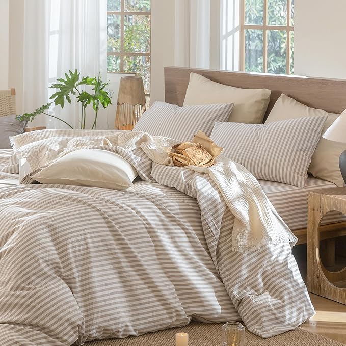 MooMee Striped Duvet Cover Set 100% Washed Cotton Linen Like Textured Breathable Durable Soft Comfy (Tannish Linen Grey White Classic Stripes, Oversized King Plus 128"x120")