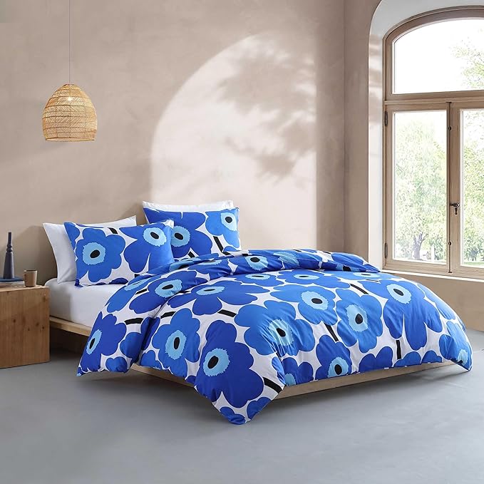Marimekko - King Duvet Cover Set, Cotton Percale Reversible Bedding with Matching Shams, Floral Home Decor (Unikko Blue, King)