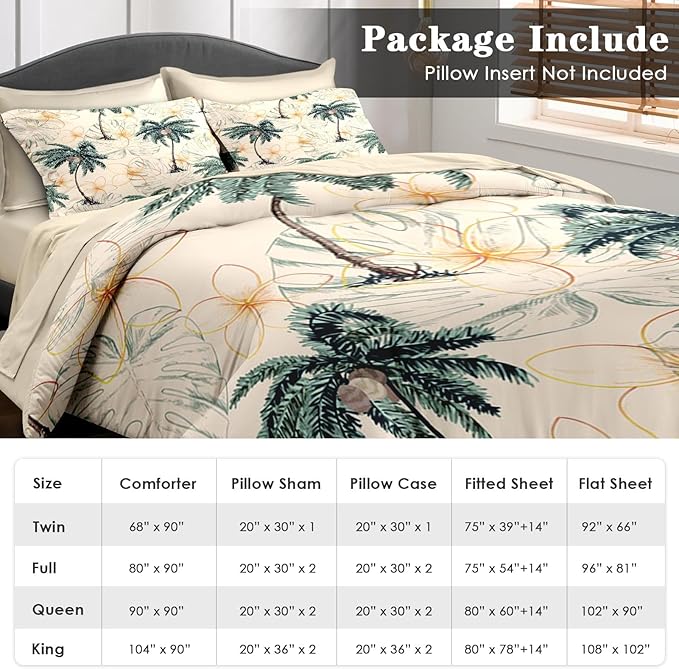 Comforter Set Queen Size, Tropical Botanical Palm Summer 7 Pcs Bedding for Kids and Adults, Hawaiian Coconut Tree Bed Sheet Sets with Fitted Sheet 2 Pillowcase & 2 Sham for Bedroom Bed Decor