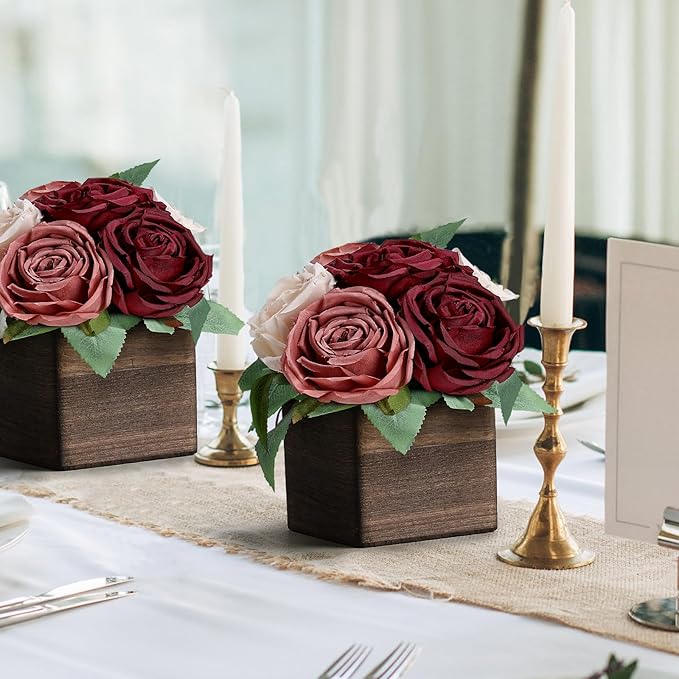 Dining Table Centerpiece Set of 6 - Pre-Made Aritifial Rose with Wooden Vase Fake Floral Arrangment Faux Flower for Wedding Bridal Tea Party Event Decorations - Burgundy & Dusty Pink