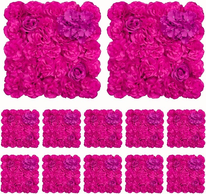 Flower Wall Backdrop 12pcs 16.5x16.5 Inch Floral Wall Panel Artificial Silk Rose Wall Decor Ideal for Wedding Celebrations, Festive Party Backdrops, and Home Decor-Bright Pink