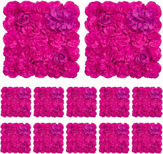 Flower Wall Backdrop 12pcs 16.5x16.5 Inch Floral Wall Panel Artificial Silk Rose Wall Decor Ideal for Wedding Celebrations, Festive Party Backdrops, and Home Decor-Bright Pink