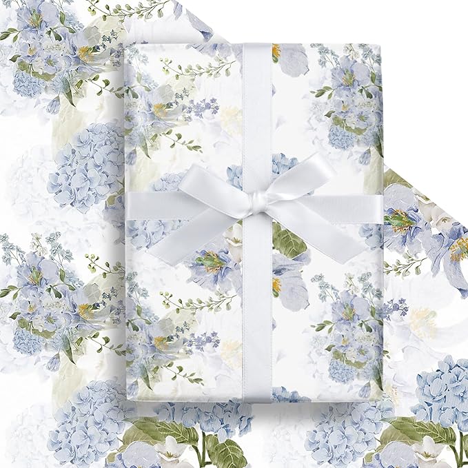 LeZakaa Floral Wrapping Paper Jumbo Roll, Blue Hydrangea Flowers Party Gift Wrap for Wedding, Bridal Shower, Baby Shower, Anniversary, Mother's Day, Birthday, 30 inches x 32.8 Feet
