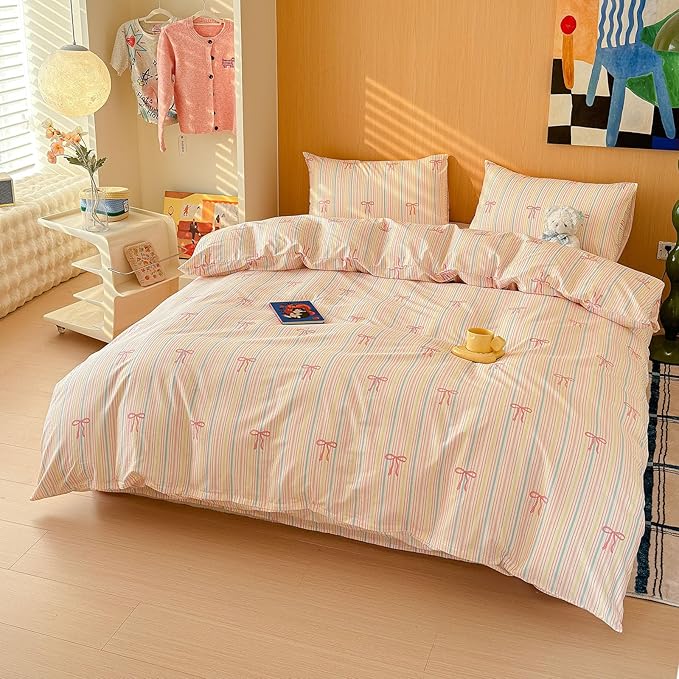 AOJIM Pink Bow Duvet Cover Set 3PCS for Kids Adults, 1 Soft Breathable Cotton Comforter Cover Full Size and 2 Pillowcases, Rainbow Striped Bedding Duvet Cover Set for Room Decor, Machine Washable