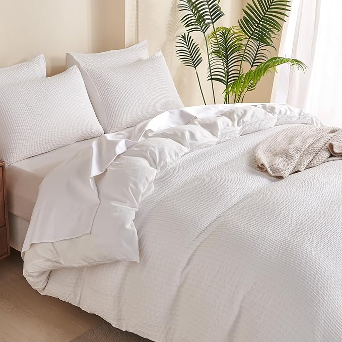 Duvet Cover King Striped White Soft Luxury Washed Jacquard Microfiber Stripes Pattern 3 Pieces Bedding Set for All-Season with Zipper Closure, Lightweight Comfort Breathable