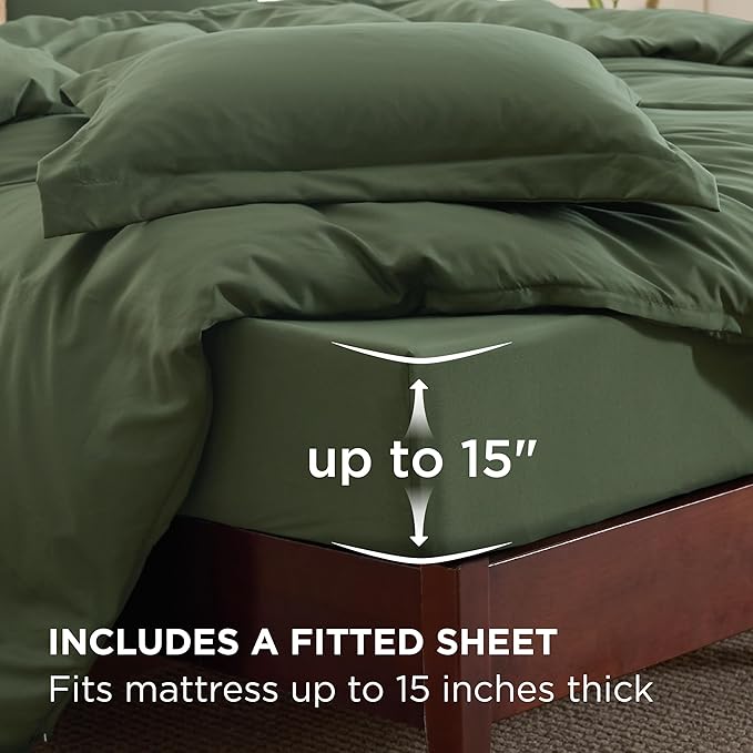 Bedsure Duvet Cover with Fitted Sheet King - 6 Pieces, Deep Pocket, Hotel Luxury Soft Double Brushed Bedding Set, 1 Duvet Cover, 1 Fitted Sheet, 2 Pillow Shams, 2 Pillowcases, NO Comforter, Green
