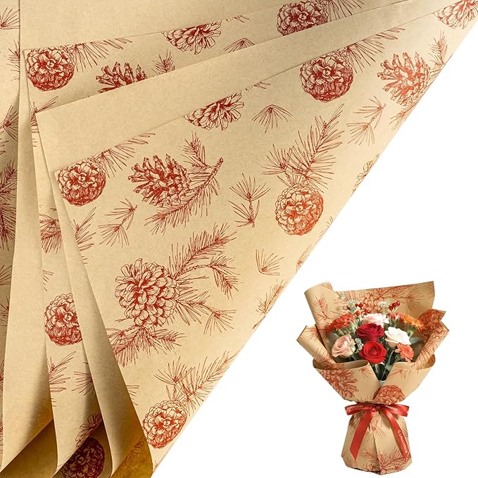 LeZakaa 20 Sheets Kraft Christmas Flower Wrapping Paper, Red Pinecone and Branches on Kraft Floral Bouquet Paper Gift Wrap for Christmas Party Packaging, Winter Woodland-themed Holiday decor