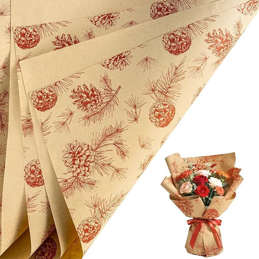 LeZakaa 20 Sheets Kraft Christmas Flower Wrapping Paper, Red Pinecone and Branches on Kraft Floral Bouquet Paper Gift Wrap for Christmas Party Packaging, Winter Woodland-themed Holiday decor
