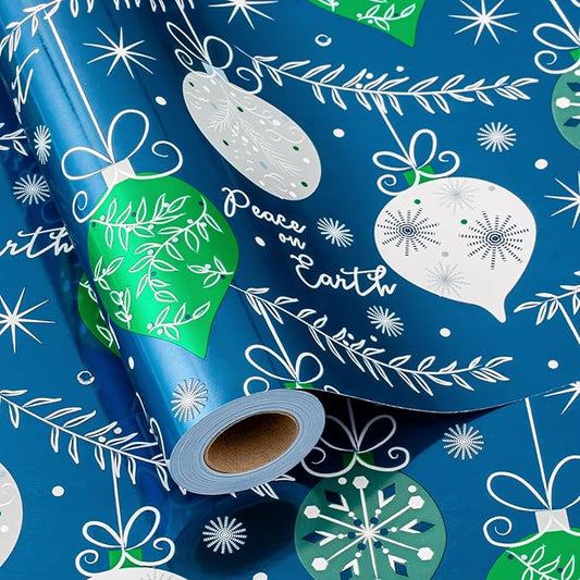 MAYPLUSS Christmas Gift Wrapping Paper Roll - 17 Inch X 33 Feet - Luxury Metallic Vintage Navy Blue Elegant Christmas Ornaments Winter Gift Wrap Present Paper for Holiday, Hanukkah, Festive Decoration