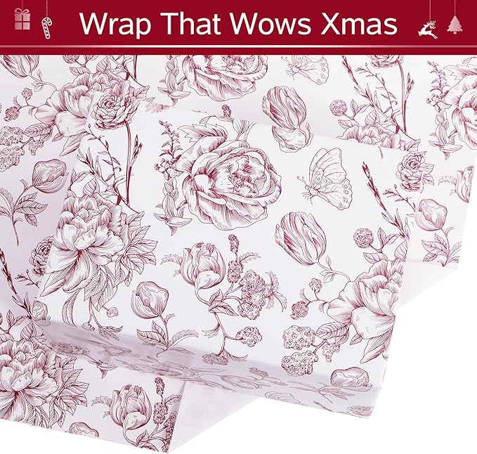 RayofSun Wine Red Floral Wrapping Paper Roll 17 in x 32 ft Mini Roll Vintage Toile Flower Gift Wrap Paper for All Occasion Wedding Birthday Bridal Shower Party Baby Shower Christmas