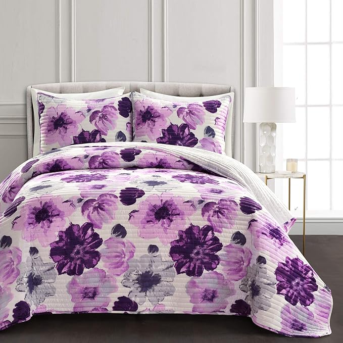 Lush Decor Leah Reversible Floral Quilt Set, 3 Piece Set, King, Gray & Purple - Watercolor Botanical - Cottage Core - French Country Decor- Bedding Queen Size