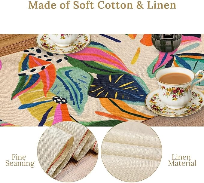 Colorful Flower Table Runner,Abstract Flower Blossom Botanical Pattern Print Tablecloth Burlap for Hotel Indoors Outdoor Dining Room Kitchen Table Decor, 13x90in