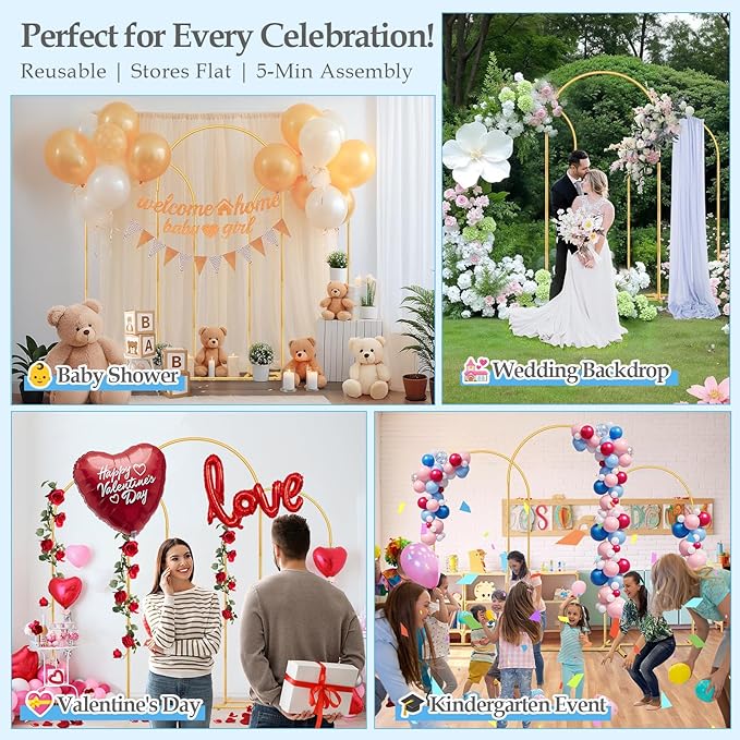 Wedding Arch Backdrop Stand, 6FT, 5FT, 4FT Set of 3 Metal Gold Balloon Arch kit Stand for Ceremony Baby Shower Birthday Bridal Party Event Background Decoration, Garden Climbing Plant Fram