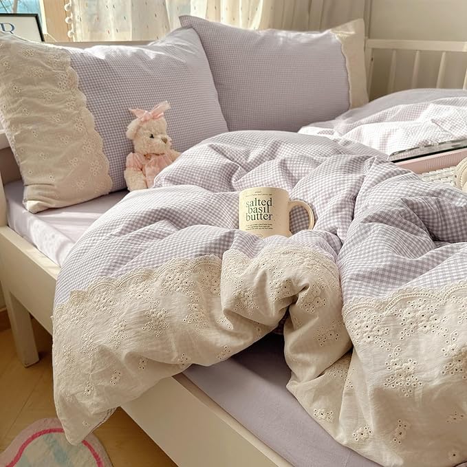 LifeTB Purple Gingham Duvet Cover Queen Cozy Washed Microfiber Purple Checkered Plaid Duvet Cover with 2 Pillowcases Romantic White Lace Comforter Cover 3 Pieces Gingham Grid Bedding Set