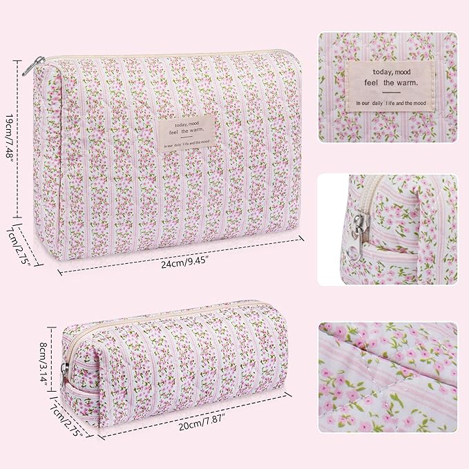 2PC Makeup Bag Set, Cute Cosmetic Bag for Women Girls, Floral Coquette Aesthetic Toiletry Bag, Travel Make Up Organizer Bag (Leopard Print)