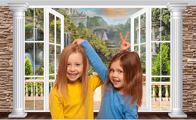 Window Scenery Backdrop White Windowsill Floral Garden Green Forest Natural Rock Stone Photography Background Garden Style Family Union Party Banner Wall Decor Photo Shoot Booth Props 10x6.5ft