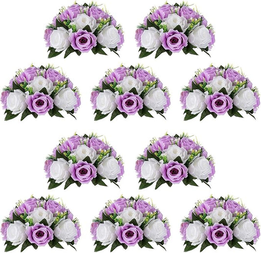 NUPTIO Flower Wedding Centrepieces for Tables - 10 Pcs 9.5in Diameter Lilac & White Artificial Flowers Rose Ball for Centerpieces Table - Fake Rose Arrangements for Weddings Birthday Party Decor