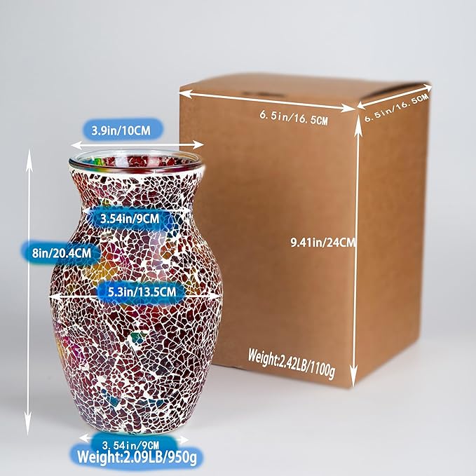 8" H Red Mosaic Glass Vase,Decor Home Modern Midsize Mosaic Flower Vase for Bedroom Livingroom Kitchen Office Wedding,Unique Gift