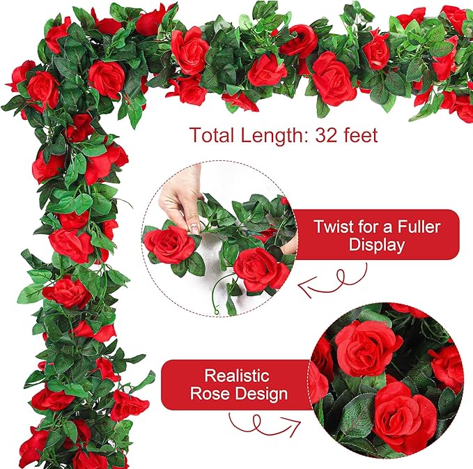 Aneco 4 Pack 32 FT Red Flower Garland Artificial Rose Vines Roses Fake Vine Flowers Plants Party Supplies for Holiday Wedding Garden Craft Art Decoration