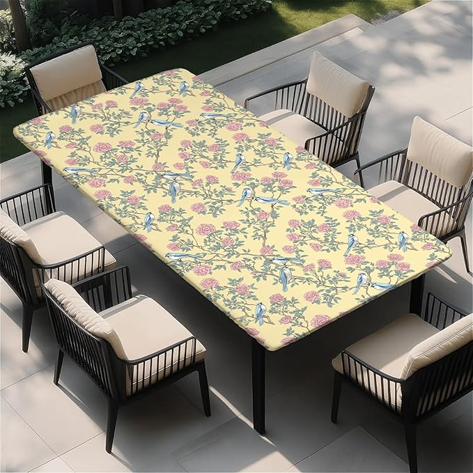 Rectangle Table Cloth Cover Waterproof Elastic Fitted Polyester Fitted Tablecloths for 4 Foot Tables for Indoor,Picnic, Camping, Outdoor （48" x 30"，Bird）