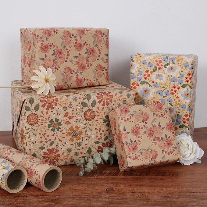 Aimyoo Pink Rose Floral Kraft Wrapping Paper Roll, All Occasion Vintage Flower Gift Wrap for Wedding Birthday Bridal Shower, 17 inch x 10 ft