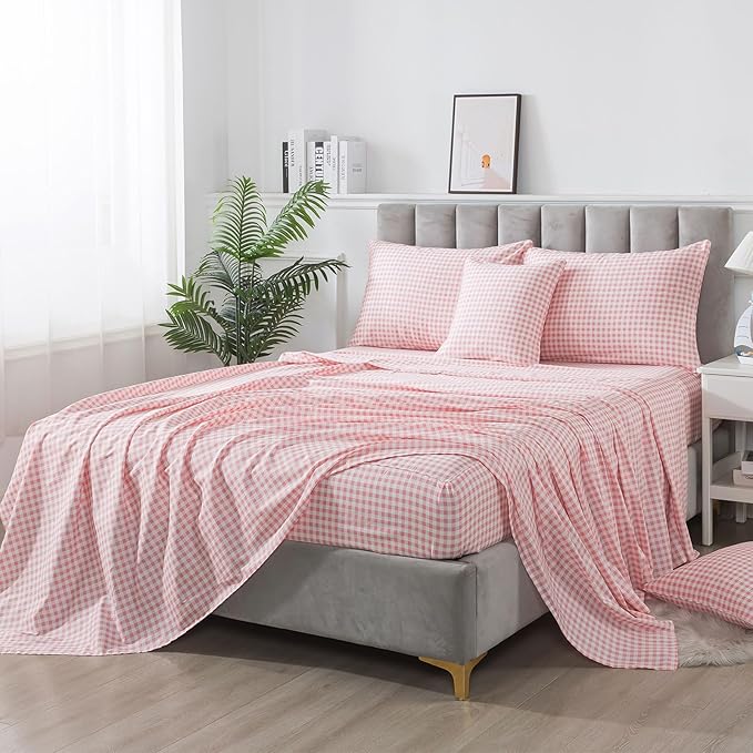 FADFAY Pink Plaid King Size Sheets 100% Cotton Geometric Checker Bedding Teens Grid White Gingham Pattern College Bedding Deep Pocket Sheets with 2 Pillowcases Ultra Soft 4pcs, King Size