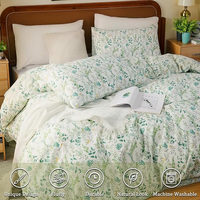 100% Cotton Duvet Cover Sets King Size Reversible Green Garden Bedding Sets Duvet Cover Super Soft Comforter Cover with Zipper Closure, Lightweight, Breathable