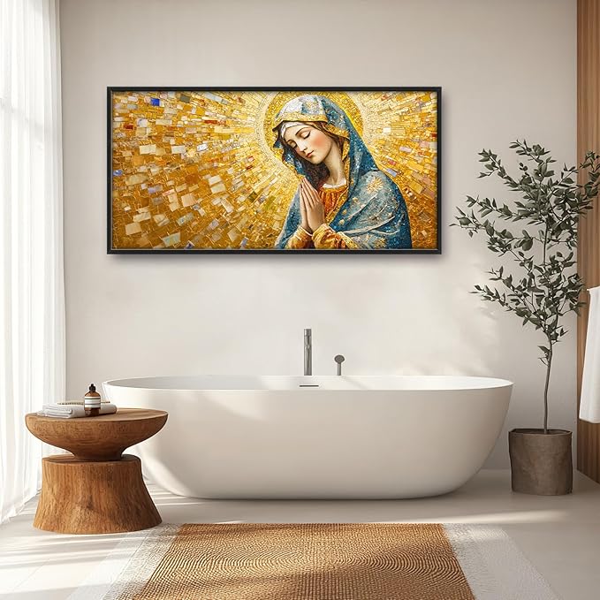 Extra Large Virgin Mary Framed Wall Art for Living Room,Oversized Golden Christian Religious Pictures Wall Decor,Canvas Print Painting Modern Artwork Bedroom Office Bathroom 60L x 30W