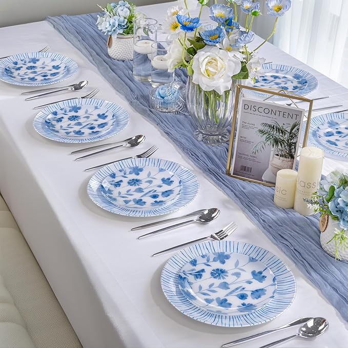 U-QE 20Pcs Blue Plastic Plates - Botanical Stripes Hanukkah Plates Disposable Heavy Duty, Fancy Floral Pattern Perfect for Hanukkah, Tea Parties, Holidays - 10.25" Dinner & 7.5" Dessert Plate