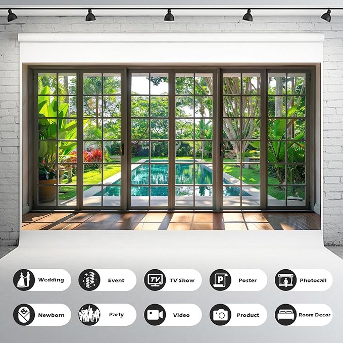 Window Scenery Photography Backdrop Windowsill Backyard with Pool and Garden Background Tropical Plants Photocall Background Party Banner Wall Decor Baby Kids Family Photo Shoot Props 20x10ft