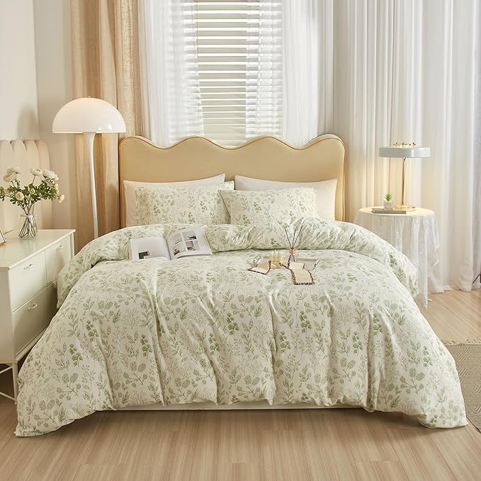 EAVD Reversible Botanical Floral Duvet Cover Twin Soft Cotton Chic Shabby Garden Green Floral Bedding Set with 2 Pillowcases Fresh Vintage Style Green Floral Comforter Cover with Zipper Closure