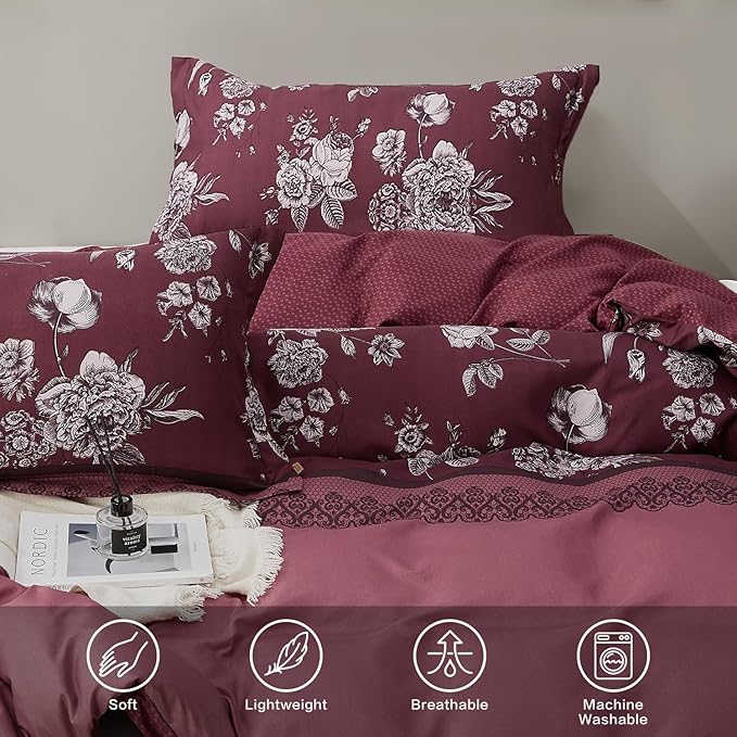SAPHREAS Red Floral Duvet Cover Set Full Size Retro Style 3pcs Vintage Botanical Flower Microfiber Bedding Set 1 Duvet Cover with Zipper Ties 2 Pillow Shams (No Duvet Insert)