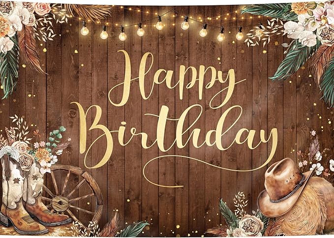 SVBright Western Cowgirl Birthday Backdrop 5Wx3H West Rustic Wooden Boho Pampas Grass Country Wild Flower Retro Boots Hat Farmhouse Floral Decorations Photography Background Banner Photo Booth Studio