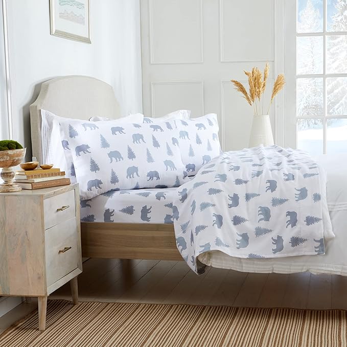 Market & Place 100% Turkish Cotton Flannel Sheet Set | 3 Piece Deep Pocket Novelty Cozy Winter Bed Sheets | Double Brushed for Extra Softness & Comfort | Alpine Collection (Twin, Grey Bears)
