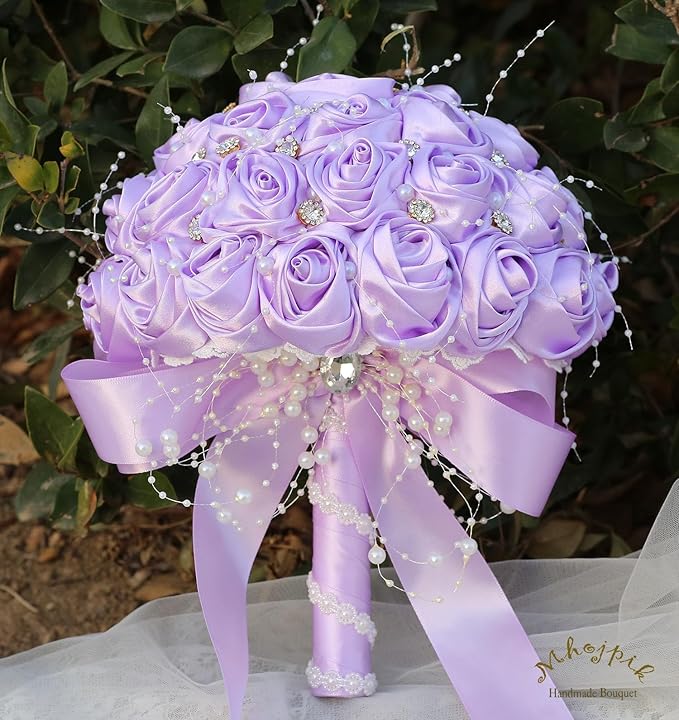 Bridal Wedding Bouquet Round Bling Brooch Bouquet Throw Toss Artificial Rose Flower Bunch for Bride Bridesmaid Wedding Quinceanera(Light Purple, 9.8")