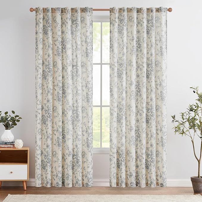 jinchan Linen Blend Curtain Floral Curtains for Living Room 90 Inch Length Grey Printed Curtain Rod Pocket Back Tab Farmhouse Peony Flower Patterned Drapes Bedroom Window Curtains Set 2 Panels
