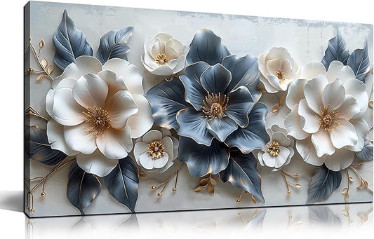 Flower Prints Wall Art for Living Room Blue and White Paintings for Wall Office Wall Decor for Bedroom Aesthetic Size 20" x 40"