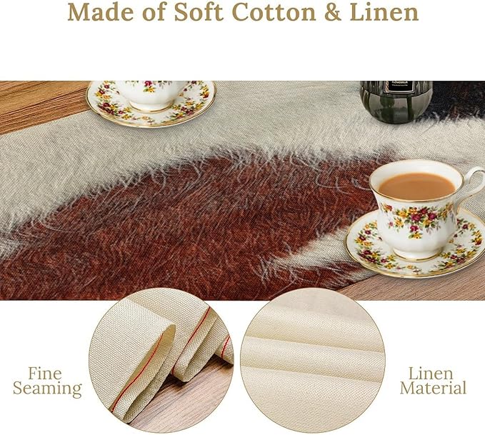 Cow Skin Print Table Runner, Rustic Country Farmhouse Animal Fur Skin Western Farm Black Brown Cowhide Print Dinner Runner Table Decoration for Home Kitchen Dining 13x108in