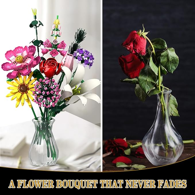 Flower Building Kit, 699 PCS Eternal Flower Bouquet with Peony, Rose, Sunflower, Lily & More, DIY Floral Arrangement Set for Home Decor, Gift for Christmas Day, Building Blocks for Adults & Kids