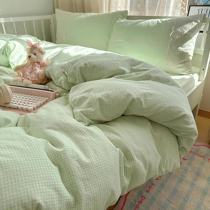 LifeTB Green Gingham Comforter Set Full Size Princess Lace Style Vintage Plaid Checkered Comforter Chic Gingham Farmhouse Bedding Set Lightweight Fluffy Soft Green Plaid Grid Comforter Set Full