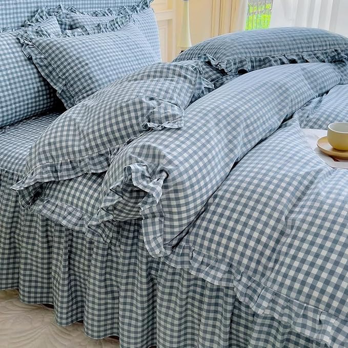 LifeTB Queen Comforter Set Blue Gingham Comforter Vintage Ruffle Plaid Checkered Pattern Comforter Set Queen Fluffy Soft Gingham Bedding Set Farmhouse Plaid Grid Bed Comforter with 2 Pillowcases