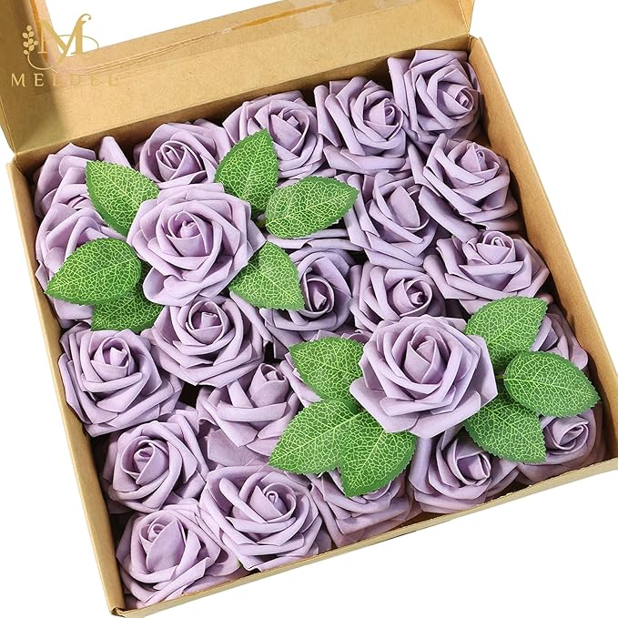 Meldel Artificial Flowers 50pcs Real Looking Purple Lilac Foam Fake Roses with Stems for DIY Wedding Bouquets Bridal Shower Centerpieces Floral Arrangements Home Decorations