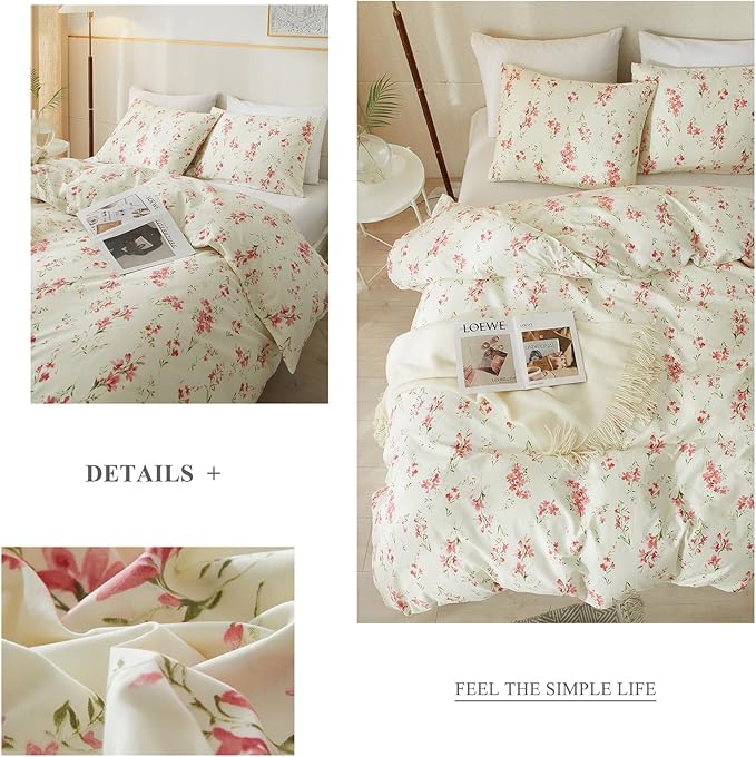 VM VOUGEMARKET Vintage Pink Flower Comforter Set Full Soft Cream Comforter Chic Floral Printed Bedding Set Vintage Botanical Comforter Set for Teen Girls 80x90 Inch