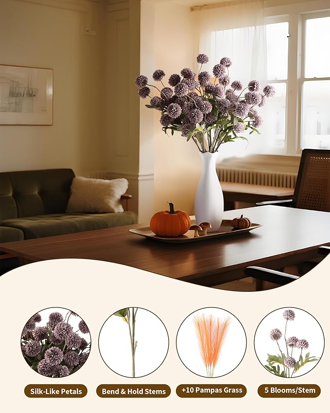 JAKY-Global 10 Stems Fall Artificial Chrysanthemum Flowers,21in Realistic Silk Pompon Fake Mums for Boho Home Decor, Halloween Centerpieces, Autumn Wedding Arrangements