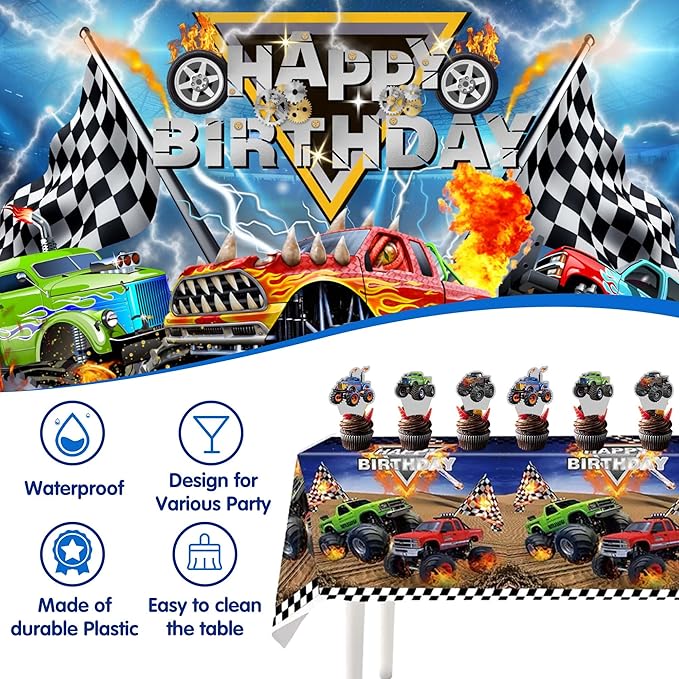 Monster Truck Birthday Party Decorations Men,Happy Birthday Banner,Balloon Arch Kit,Foil Balloons,Cake toppers