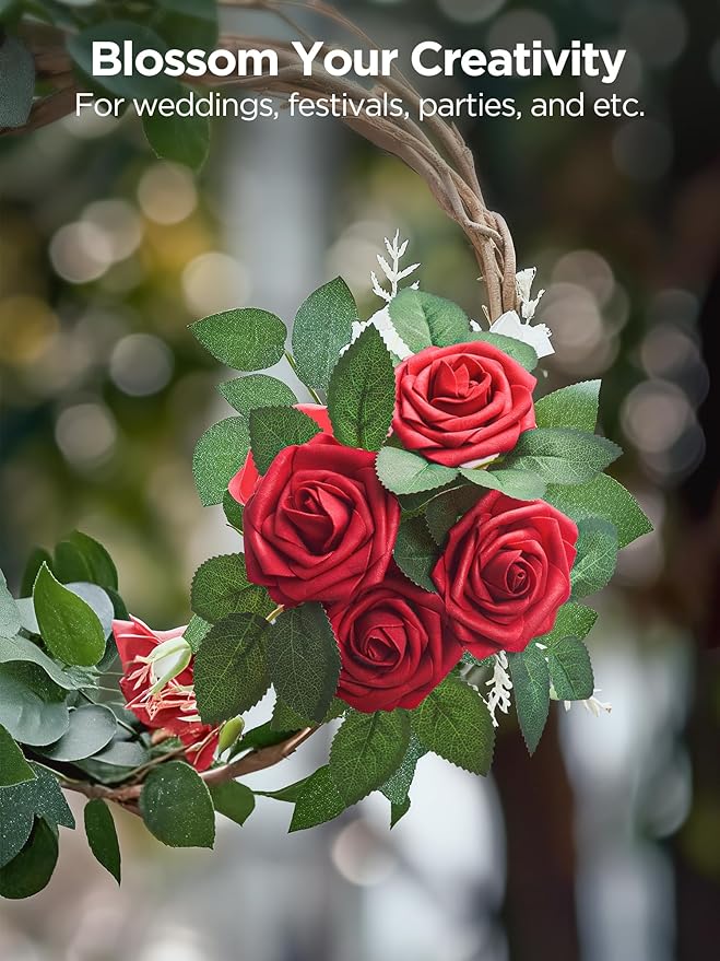 InnoGear Artificial Flowers, 25 Pcs Dark Red Foam Fake Roses Bulk with Stems for Decoration DIY Wedding Bouquets Centerpieces Bridal Shower Party Christmas Tree